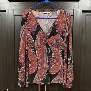 Boston Proper Black and Red Paisley Blouse v neck bell sleeves